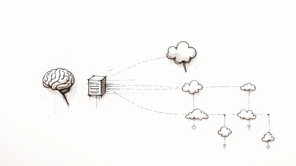 A diagram illustrating a brain connected to a server, which then links to a network of cloud computing services, symbolizing advanced capabilities.