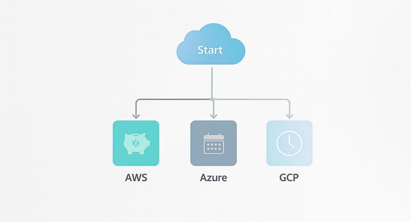 A decision tree diagram showing a 'Start' cloud node branching into AWS, Azure, and GCP, each with different considerations for discount models.