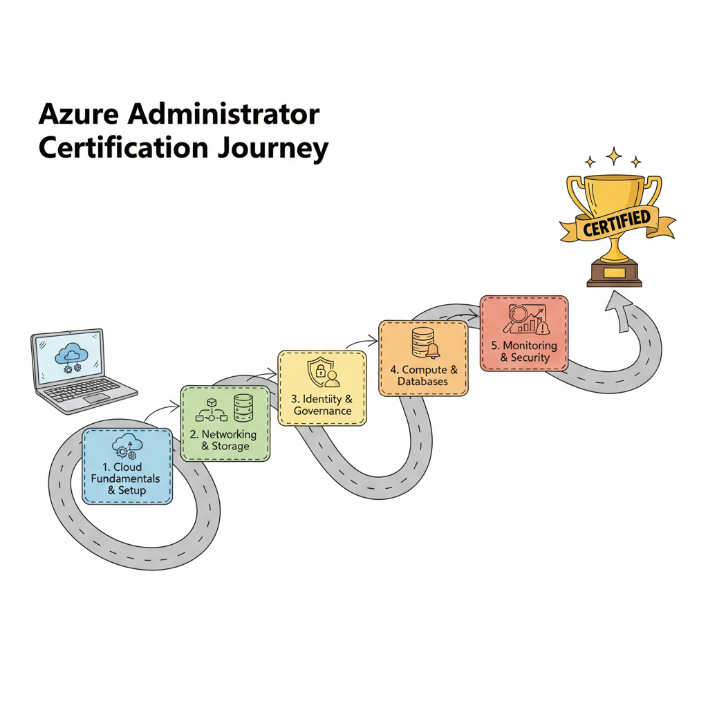 Illustration of a roadmap to becoming a certified Azure Administrator, from a laptop to a trophy.