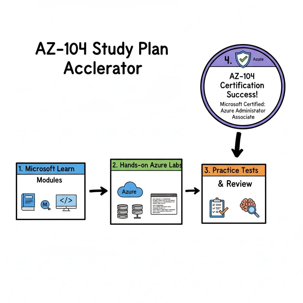AZ-104 Domains Timeline showing Identity, Storage, Compute, Network, and Monitor with dates.