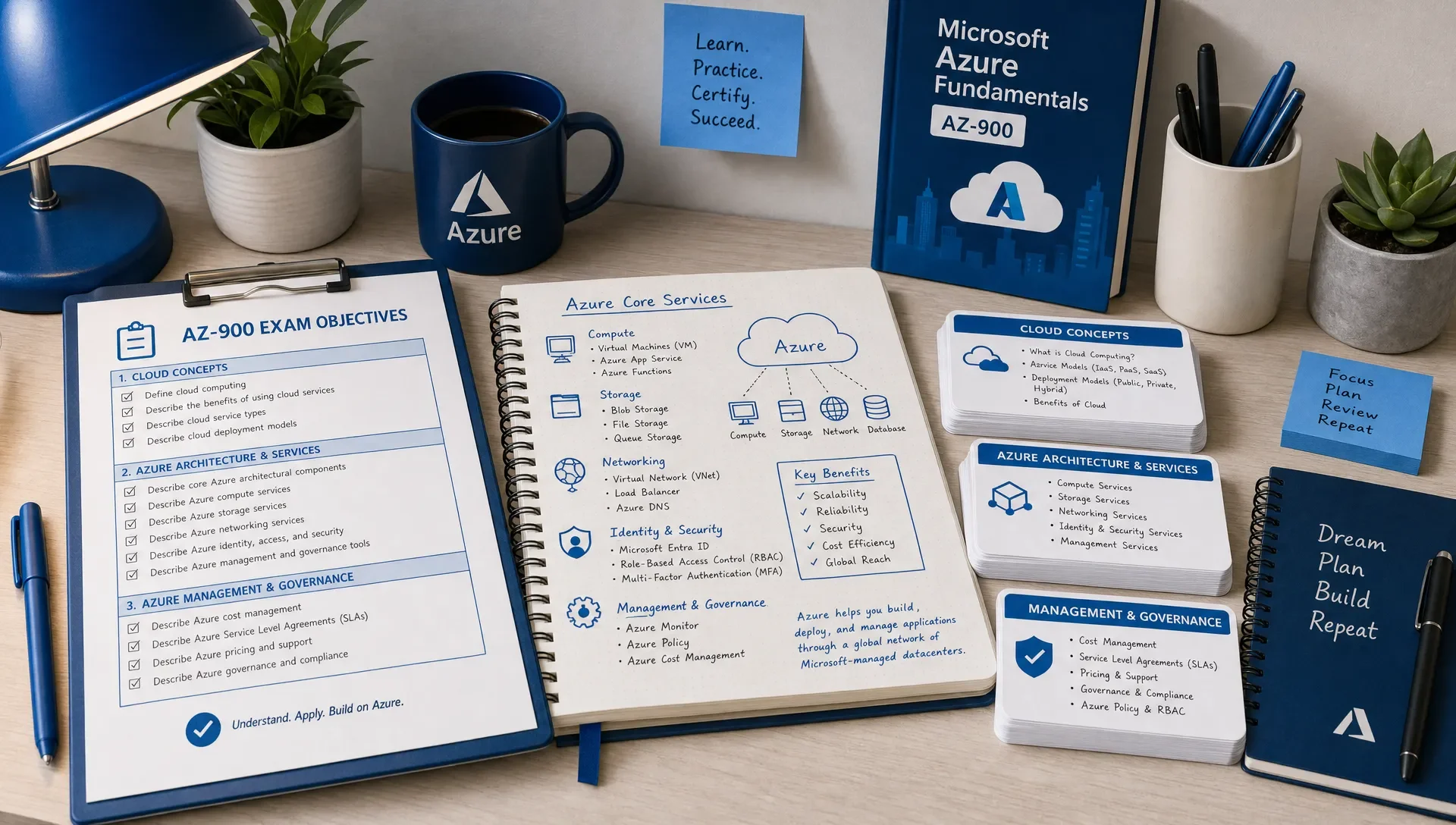 Study desk with an AZ-900 checklist, Azure notes, and flashcards.