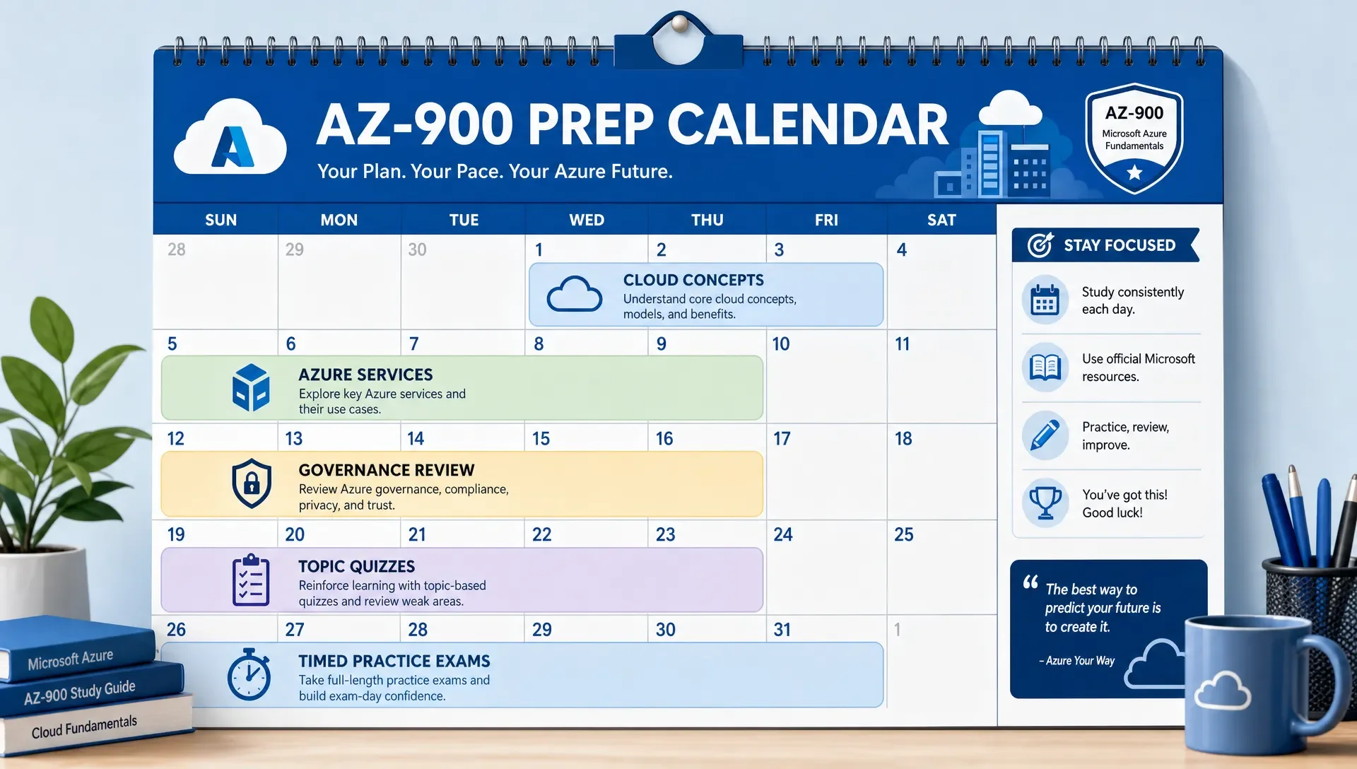 Wall calendar showing AZ-900 study plan with topics and practice sessions.