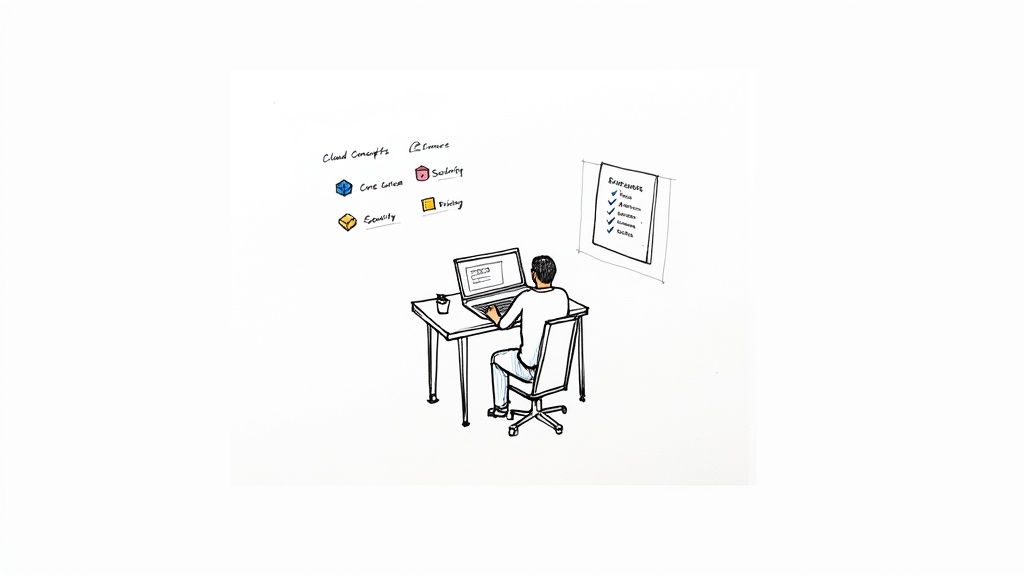 A person sitting at a desk, looking at multiple computer monitors displaying code and graphs, carefully selecting a resource.