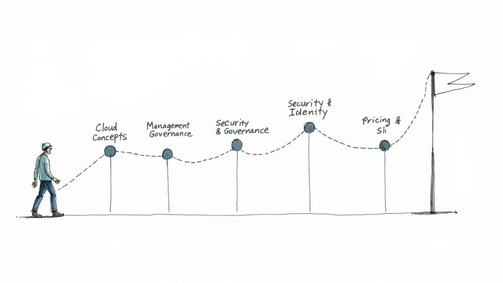 A professional studying for the AZ-900 exam on their laptop, with Azure logos in the background, symbolizing preparation for a cloud certification.