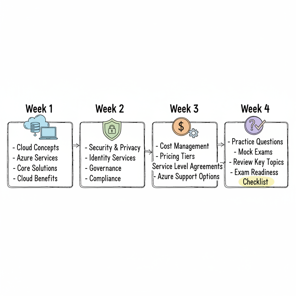 A calendar with study sessions marked for each week, showing a clear plan for AZ-900 preparation.