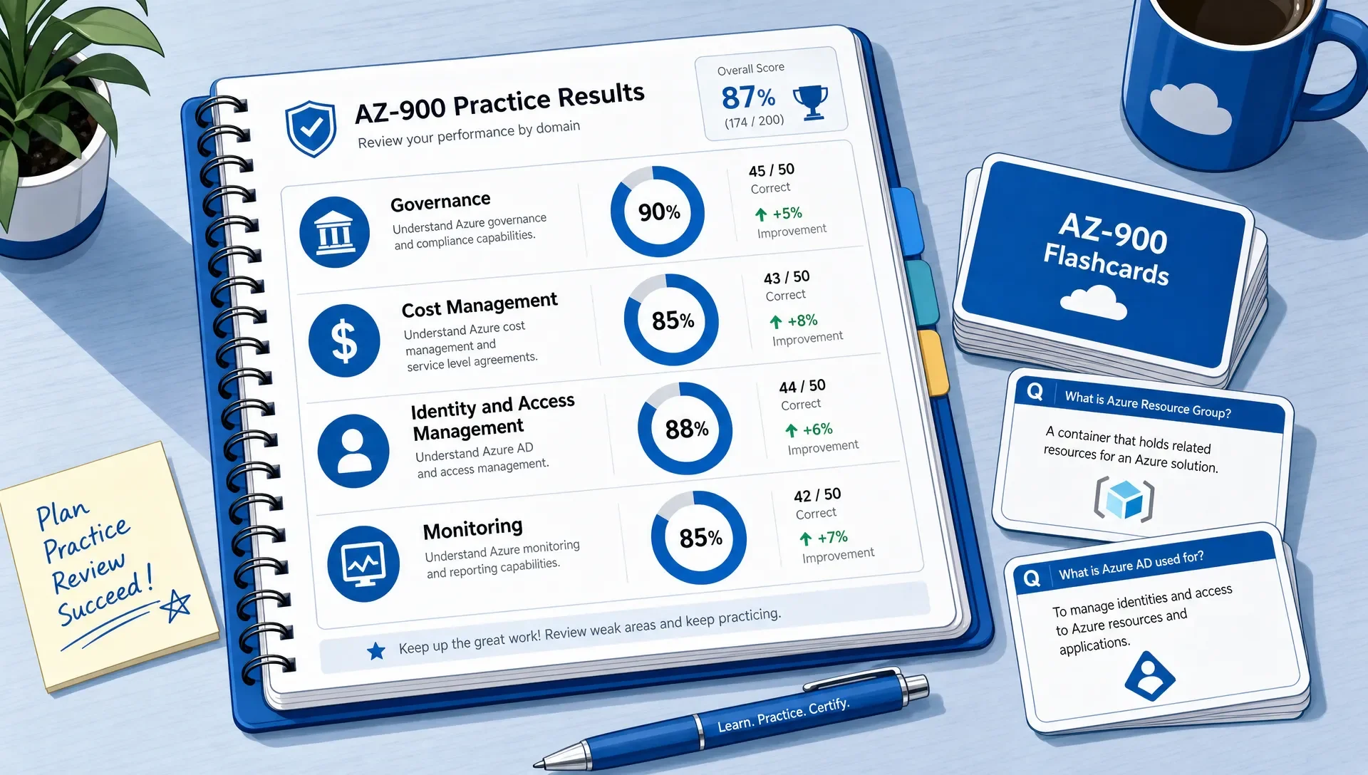 A study notebook shows AZ-900 practice results grouped by governance, cost management, identity and monitoring, with flashcards beside it.