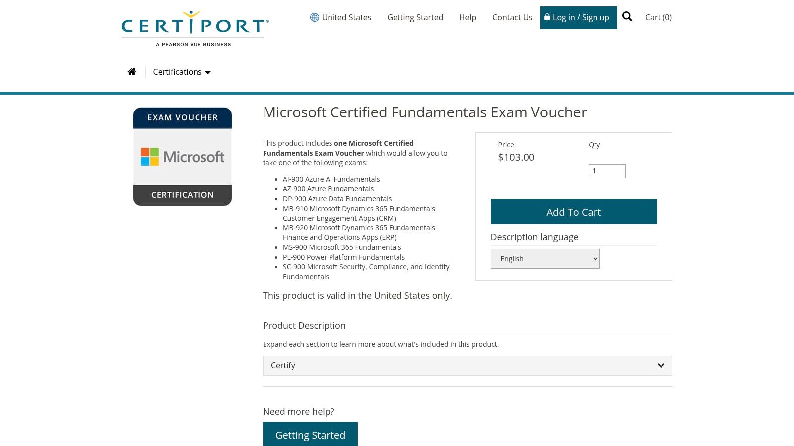 An image of the Certiport storefront page for a Microsoft Fundamentals Exam Voucher.