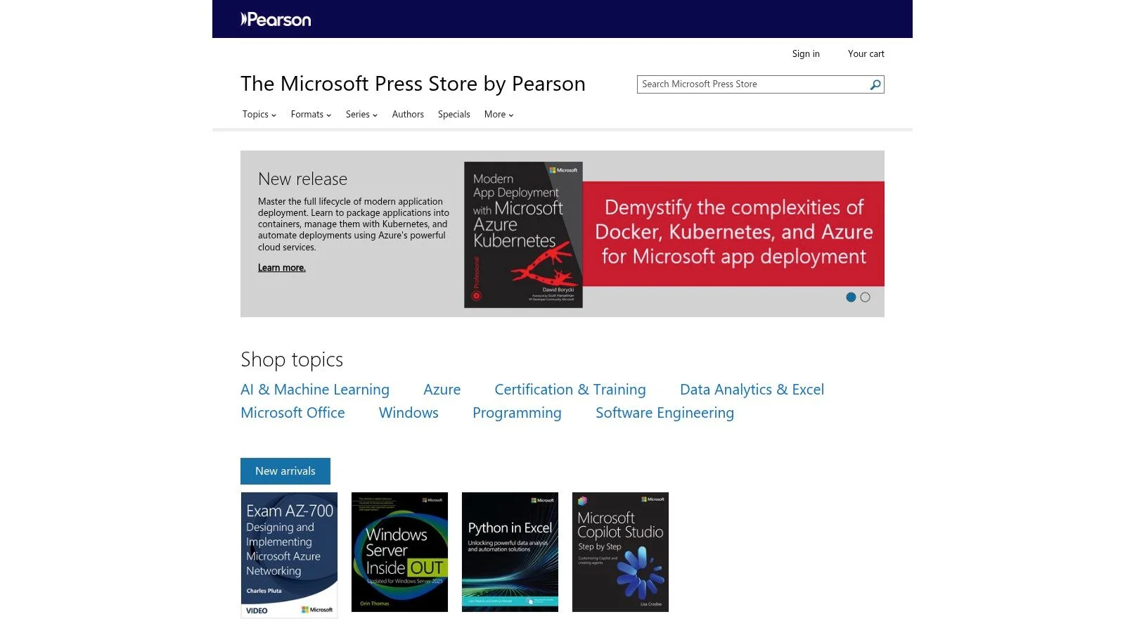 An image of the Microsoft Press Store website showing various Azure-related technical books and exam guides.