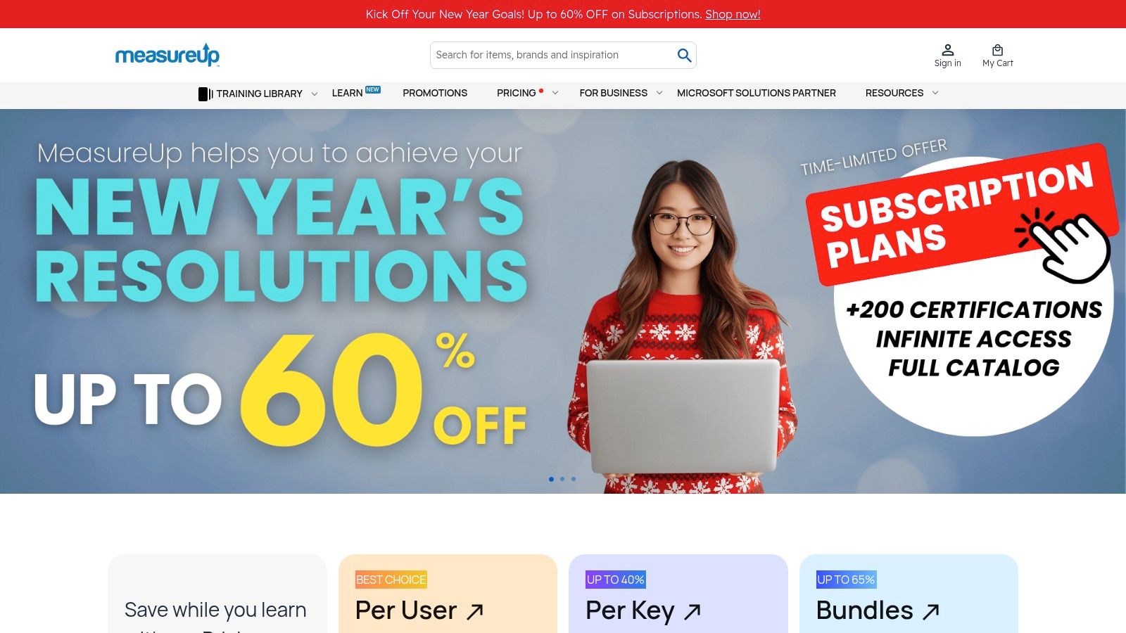 An image of the MeasureUp website, showing its certification offers for Azure exams.