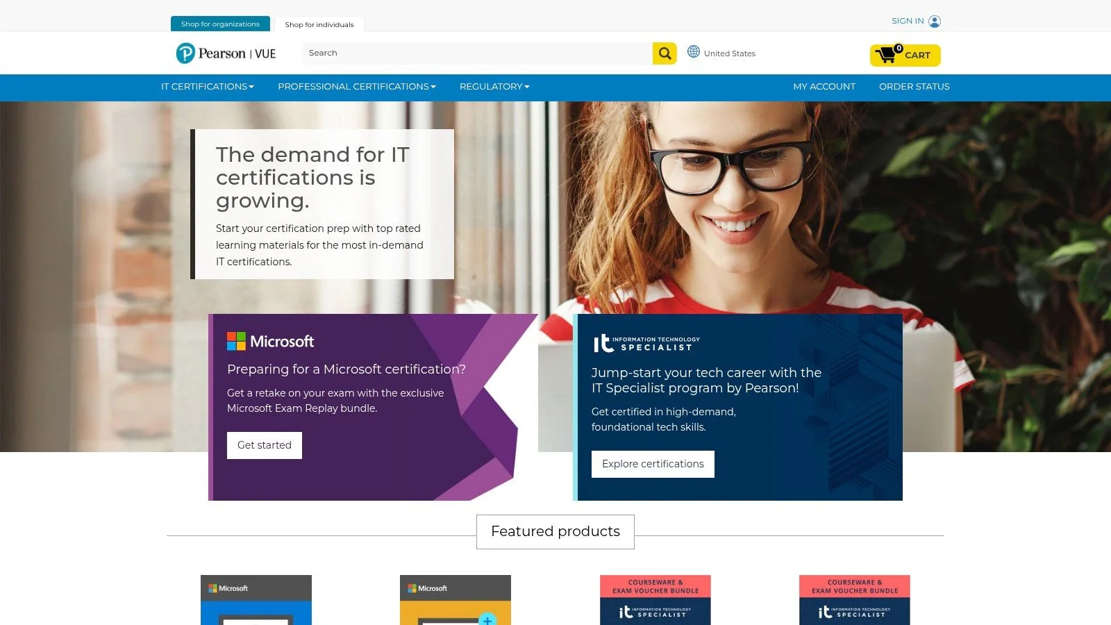 A screenshot of the mindhub website homepage, showing IT certifications and practice tests.