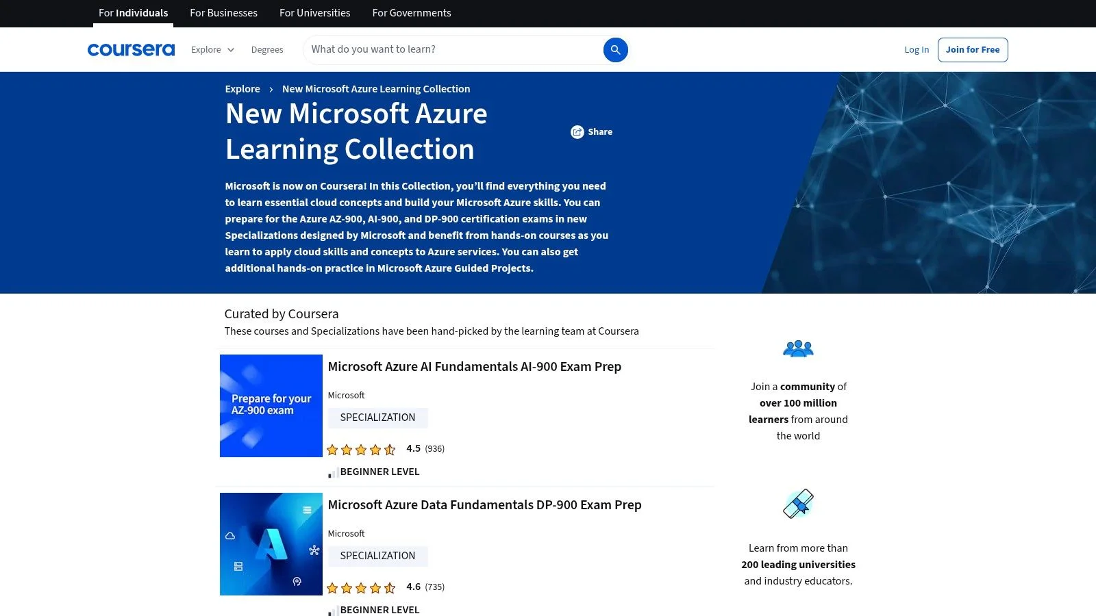 An image of the Coursera collection page for Microsoft Azure courses.