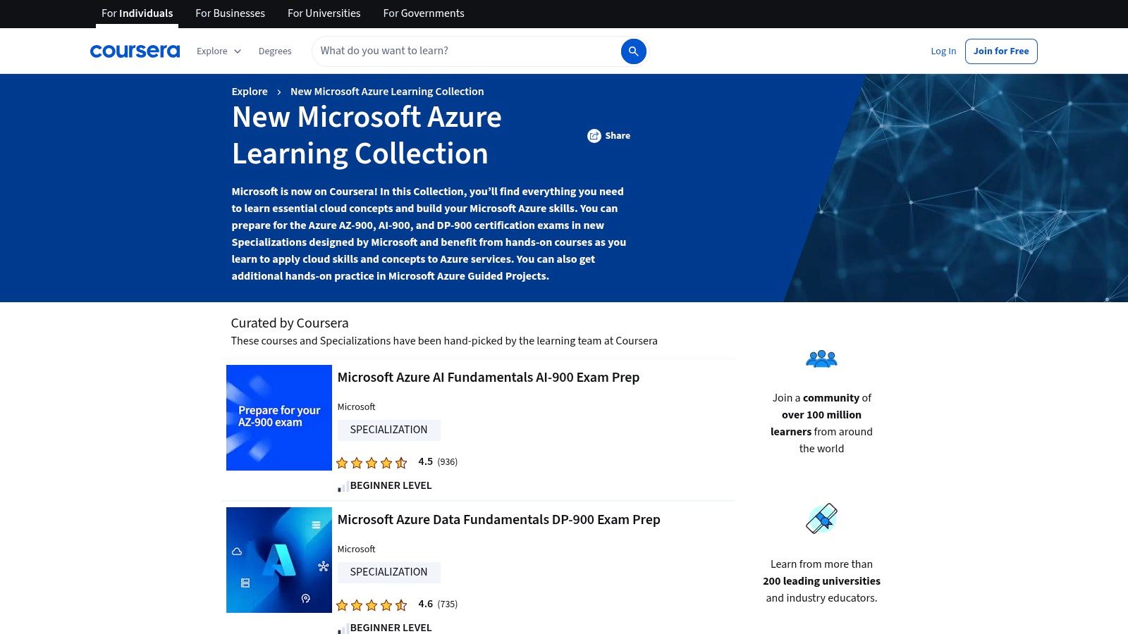 An image of the Coursera collection page for Microsoft Azure courses.