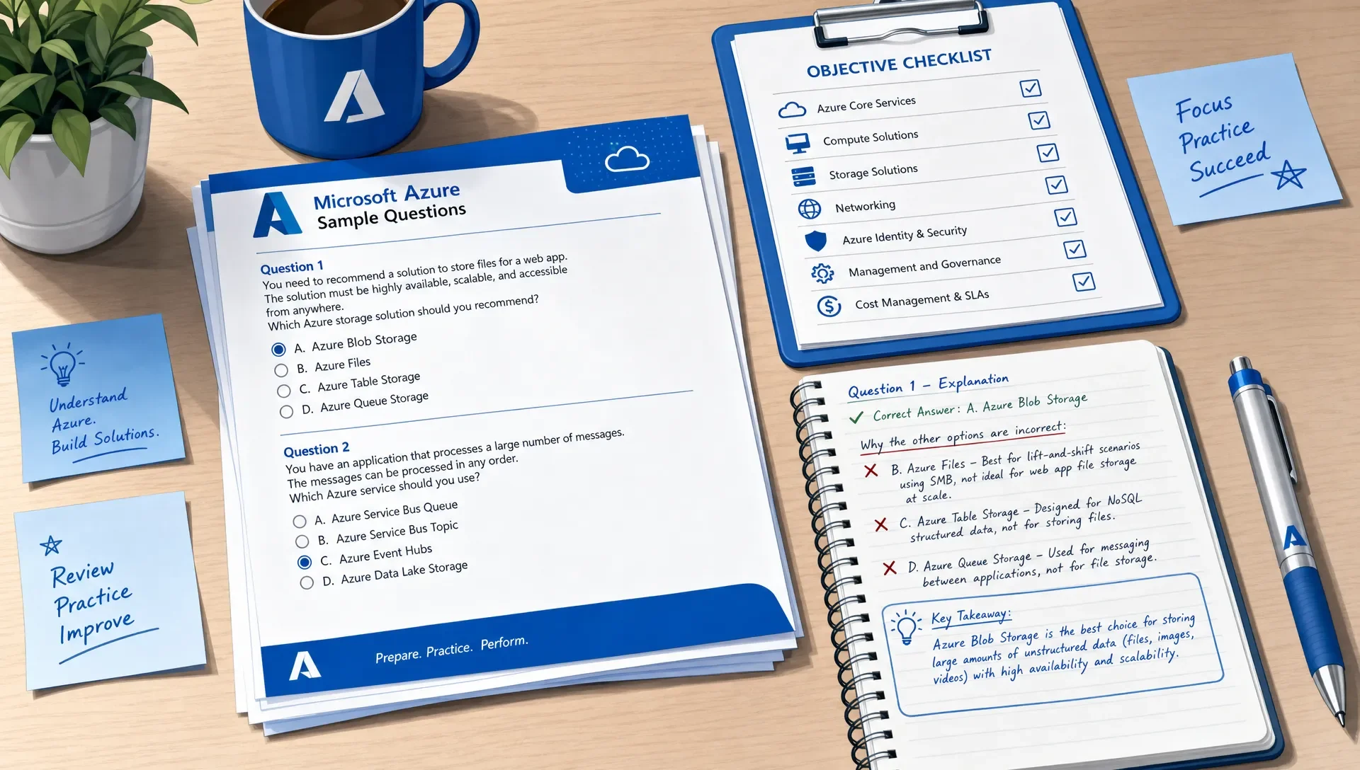 Printed Azure sample questions on a desk beside an objective checklist, notes, a pen, and marked explanations that show why wrong answers were eliminated.