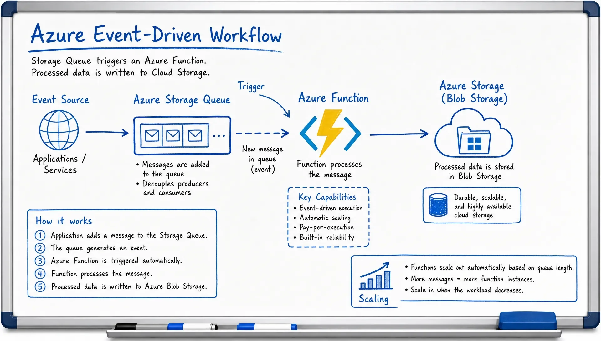 A whiteboard sketch of an Azure event-driven workflow with a storage queue feeding an Azure Function and sending processed data to cloud storage, with notes about triggers and scaling.