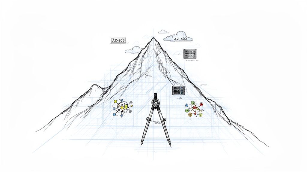 A blueprint sketch of a mountain with a compass, symbolizing Azure certification paths AZ-305 and AZ-400.
