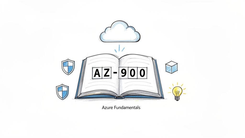 Illustration of an open book showing AZ-900 Azure Fundamentals certification, surrounded by cloud, security shields, and a lightbulb.