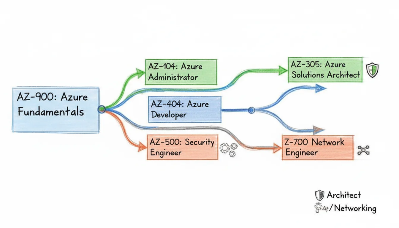 Illustration of an open book showing AZ-900 Azure Fundamentals certification, surrounded by cloud, security shields, and a lightbulb.