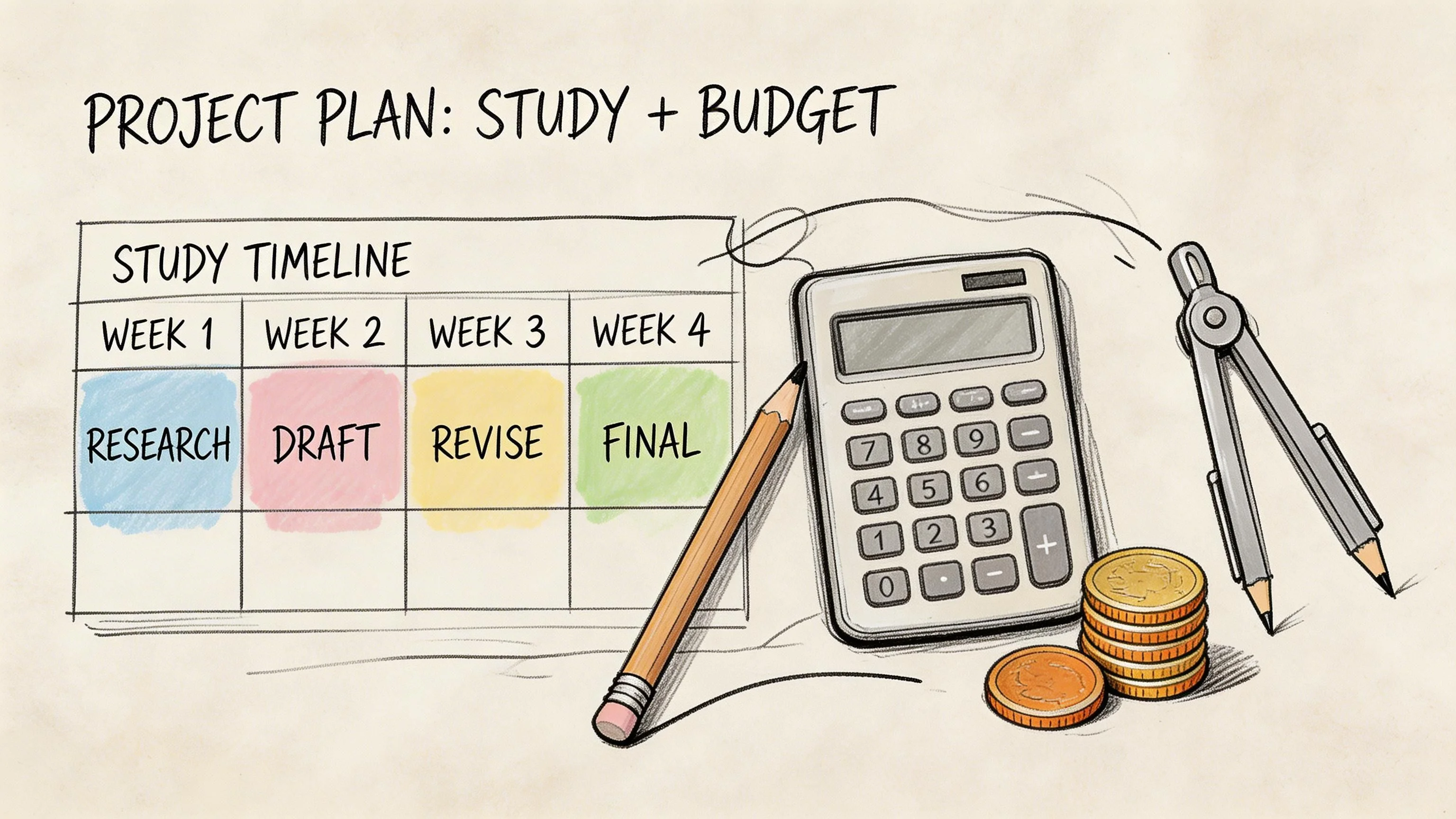 A hand-drawn graphic illustrating a project plan with a study timeline, a calculator, and stacked coins, symbolizing the strategic allocation of time and resources for certification success.