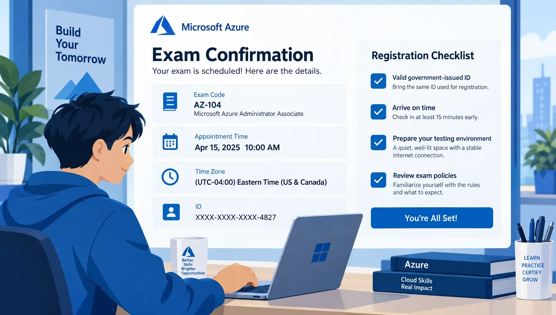 An Azure exam confirmation lists the exam code, appointment time and time zone beside an ID and a registration checklist.