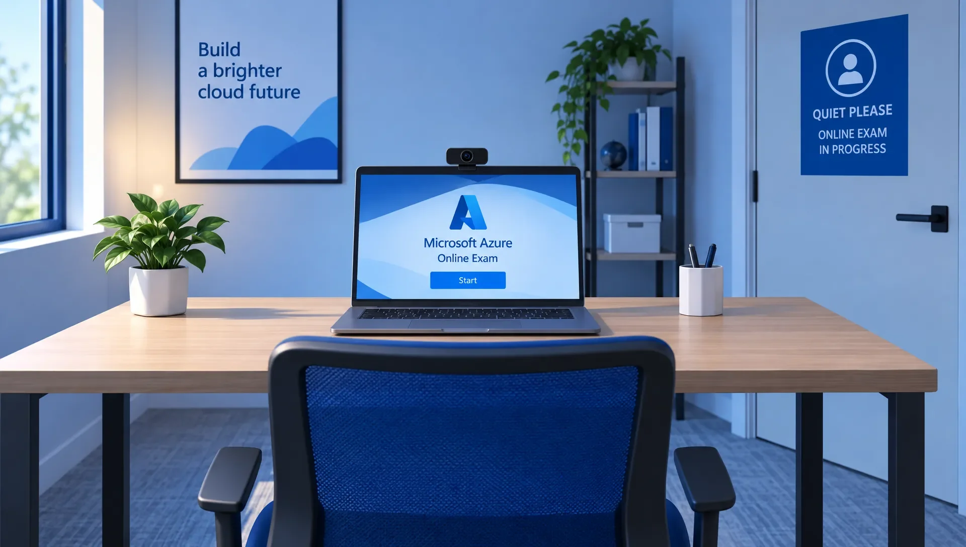 A laptop, webcam and cleared desk are ready for an online Azure exam in a private room, with the chair positioned for the candidate.