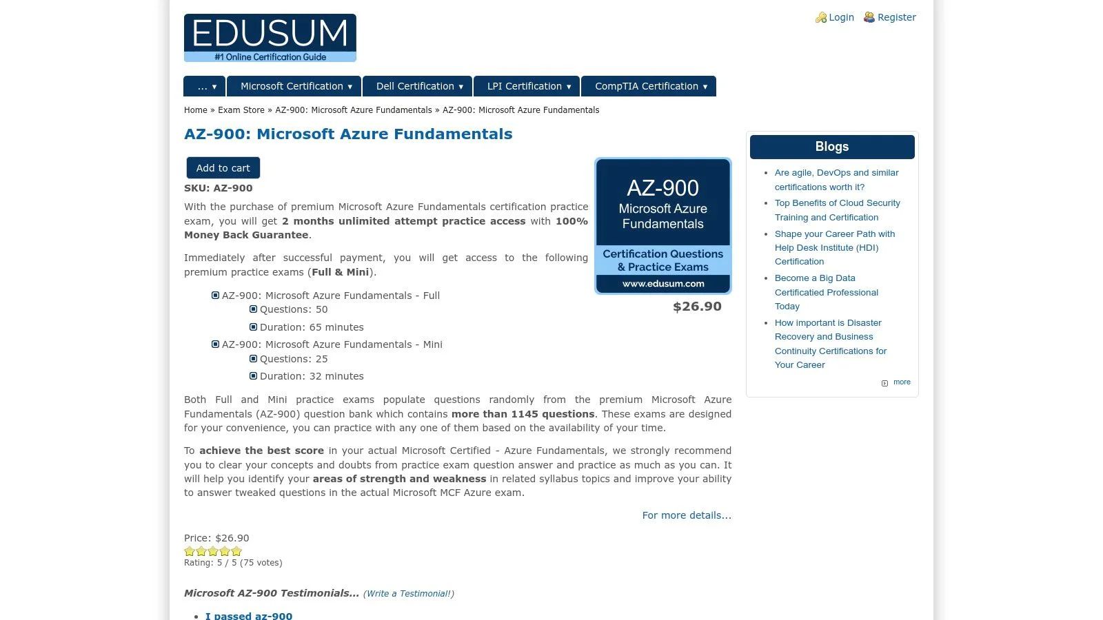 Edusum: Flexible AZ-900 Practice Exams Screenshot of a practice exam platform with options for different test formats.