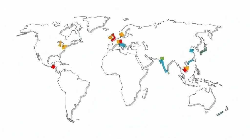 World map illustrating various colored regions and arrows across North America, Europe, Asia, and Oceania.