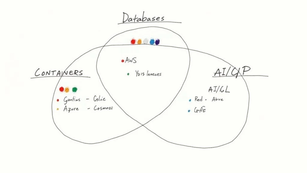 Venn diagram showing cloud technology categories: Containers, Databases, and AI/GP, with specific services.