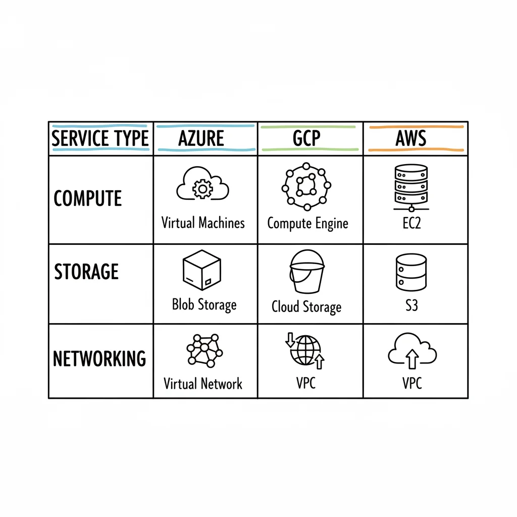 A hand-drawn comparison table showing cloud services for Compute, Storage, and Networking across Azure and GCP.