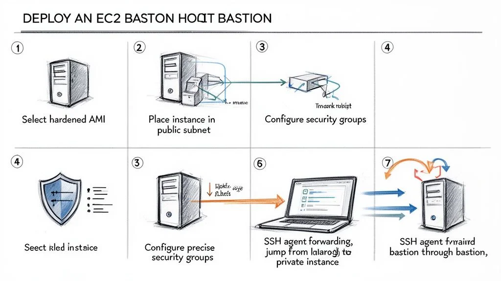 A diagram showing 7 steps to deploy an EC2 bastion host for secure access.