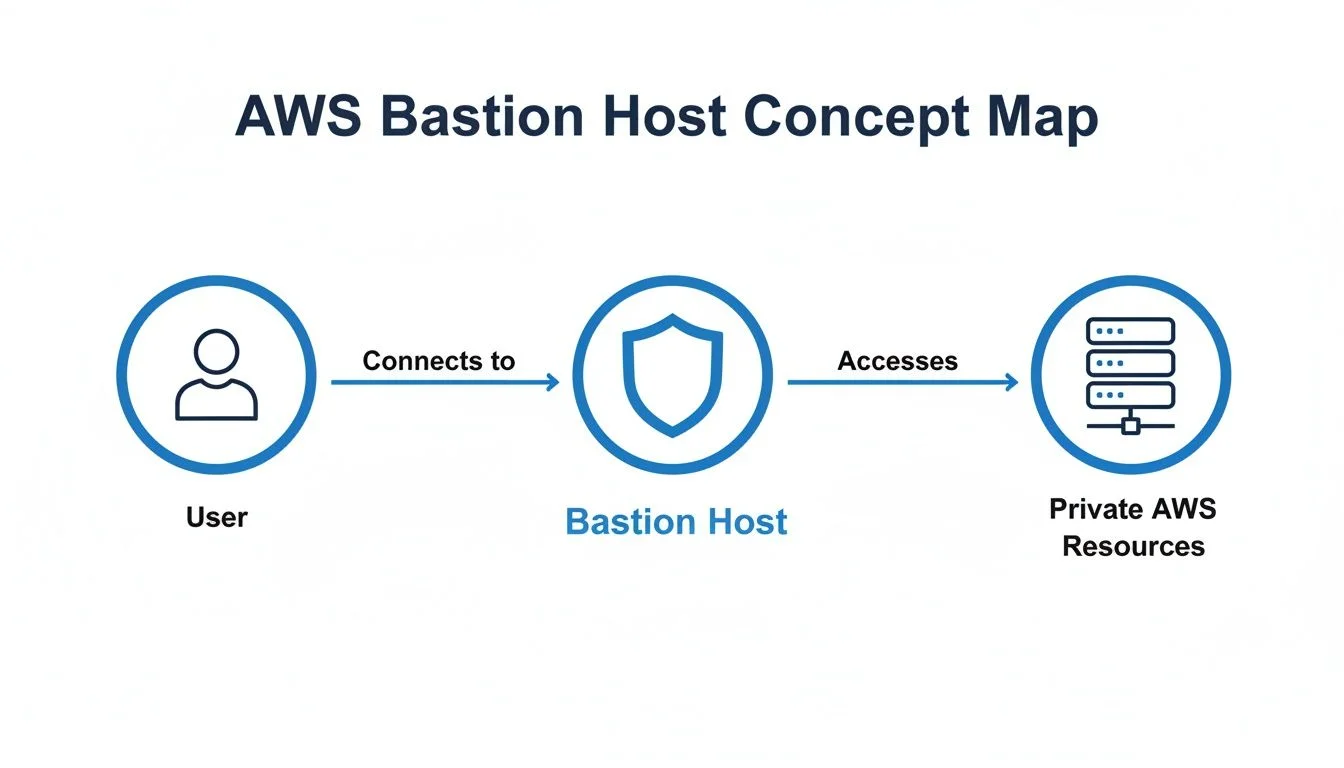 Concept map illustrating how a user accesses private AWS resources through an AWS Bastion Host.