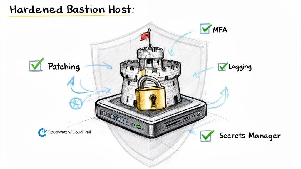 Diagram illustrating a hardened bastion host with key security features like patching, MFA, logging, and secrets management.
