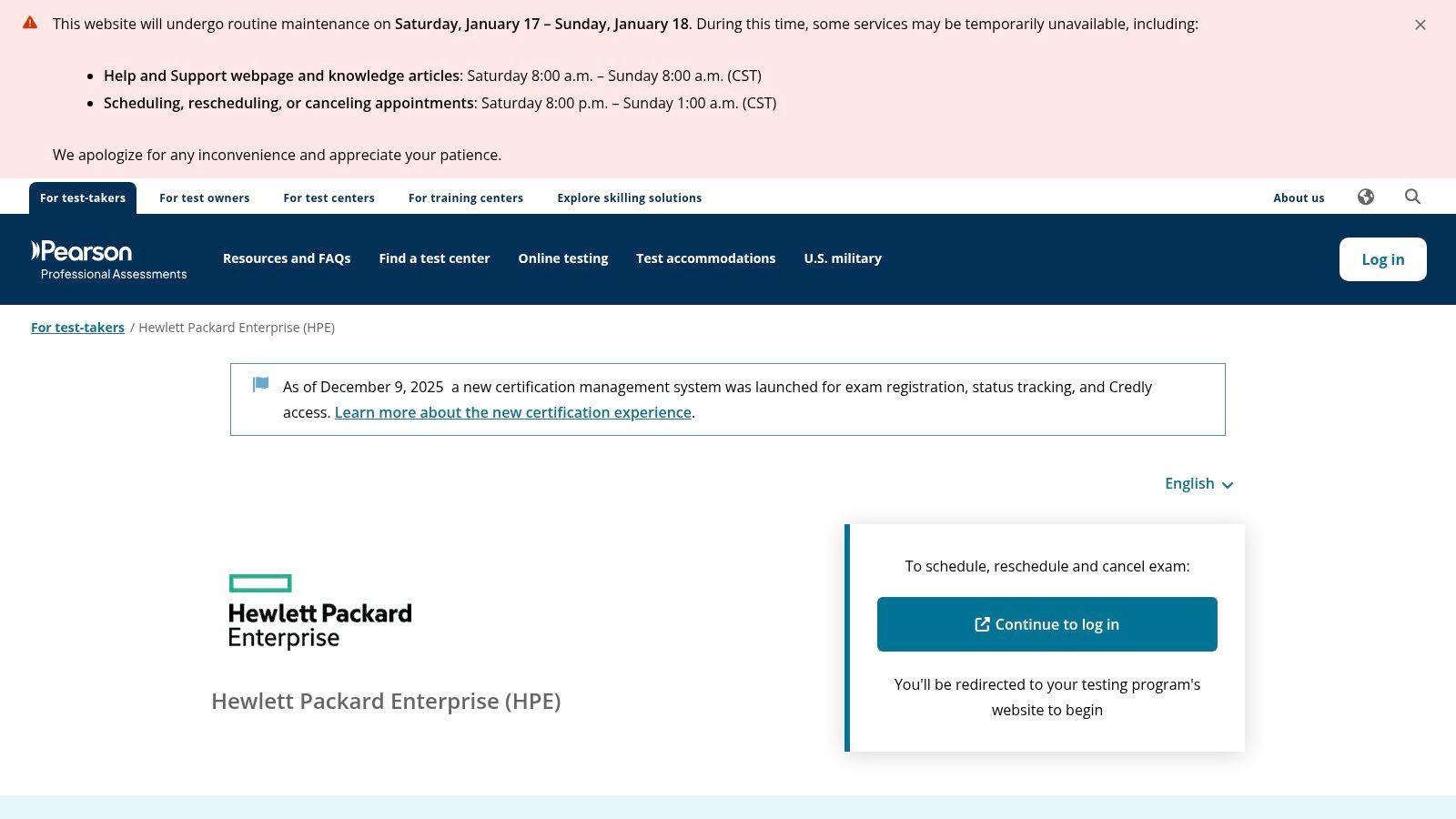 HPE/Aruba Networking Certification Testing (Pearson VUE)