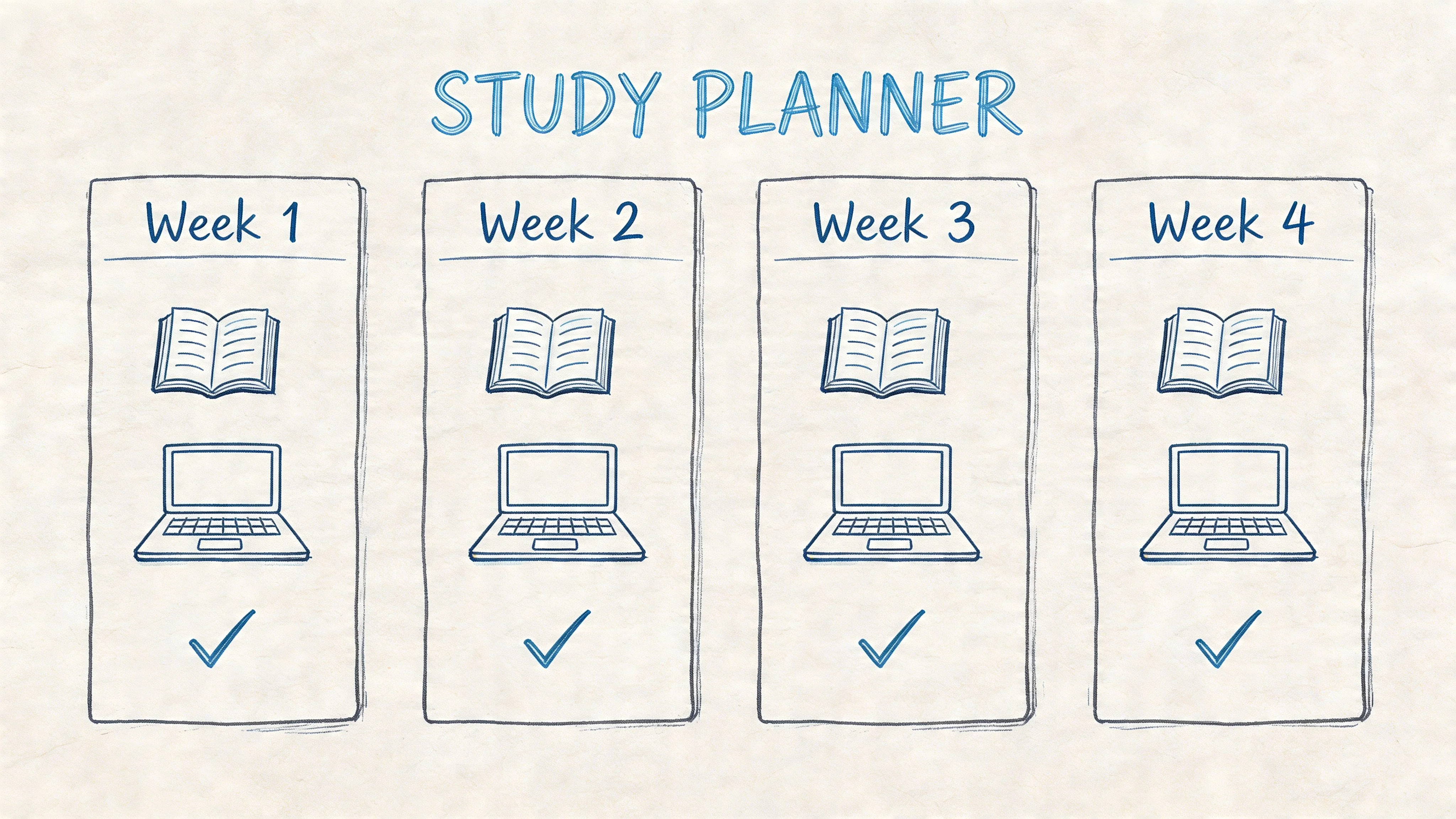 A study planner chart showing progress for four weeks with icons for reading and laptops.