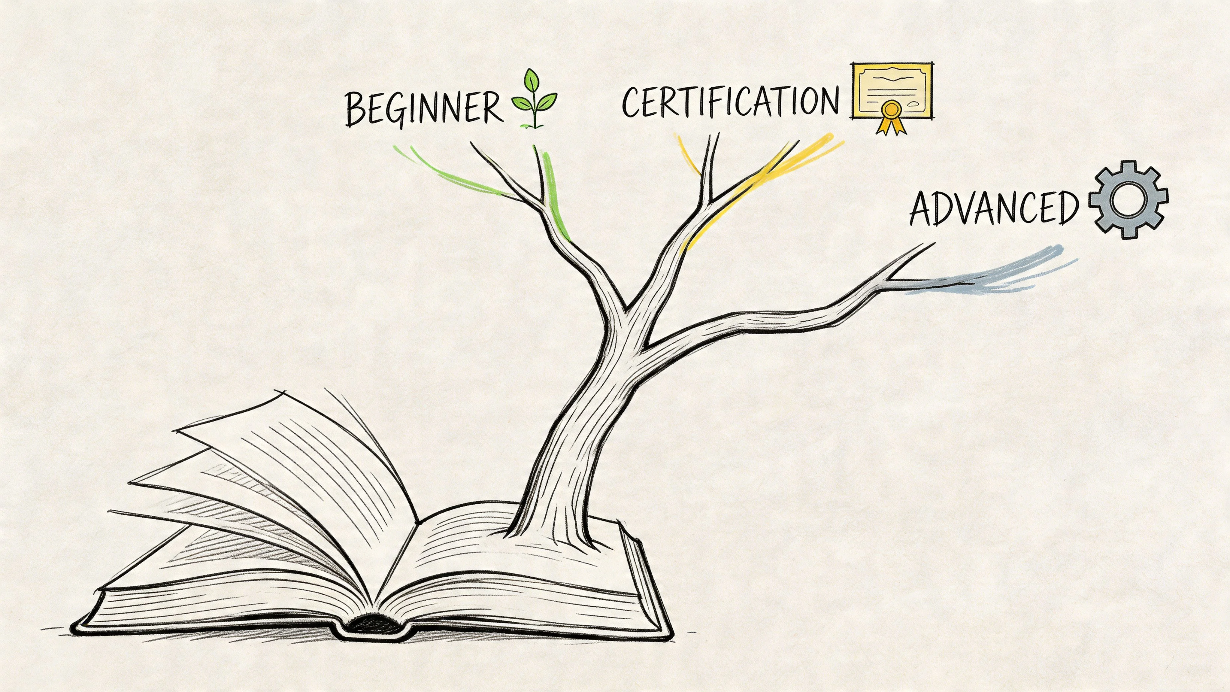 An open book with a growing tree and educational learning stages.