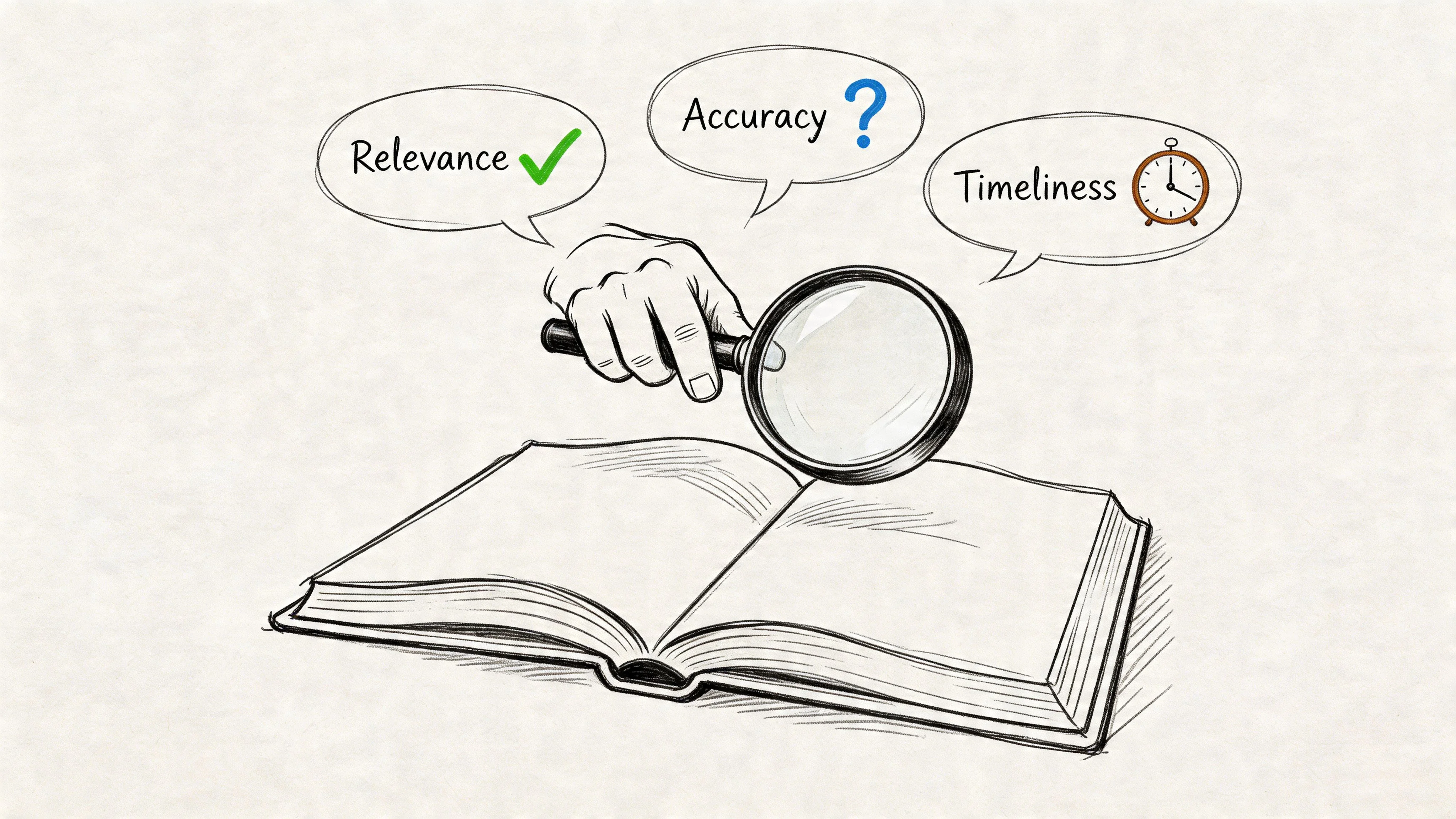 A hand holding a magnifying glass over an open book, symbolizing research and review.