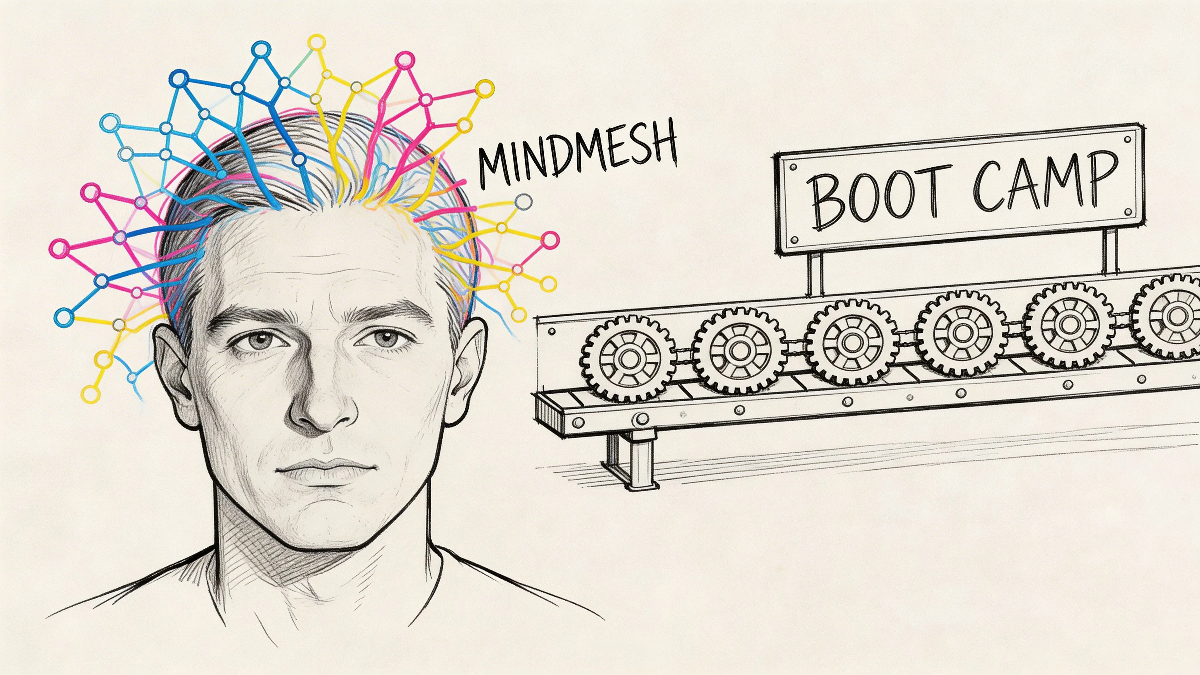 A digital illustration showing a human head with a colorful neural network connection and a gear conveyor belt.