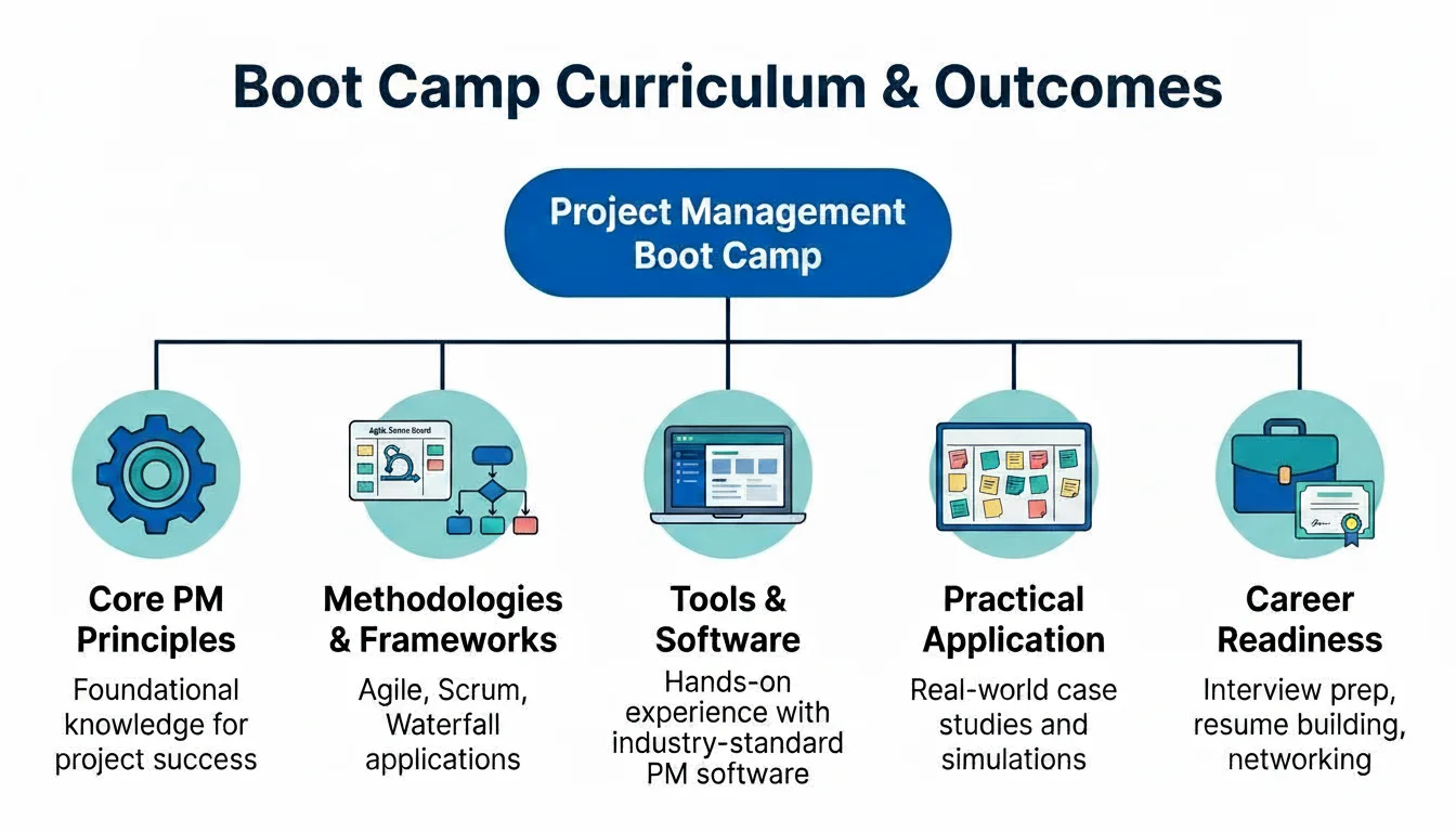 A diagram outlining the Project Management Boot Camp curriculum, covering principles, methodologies, tools, applications, and career preparation.