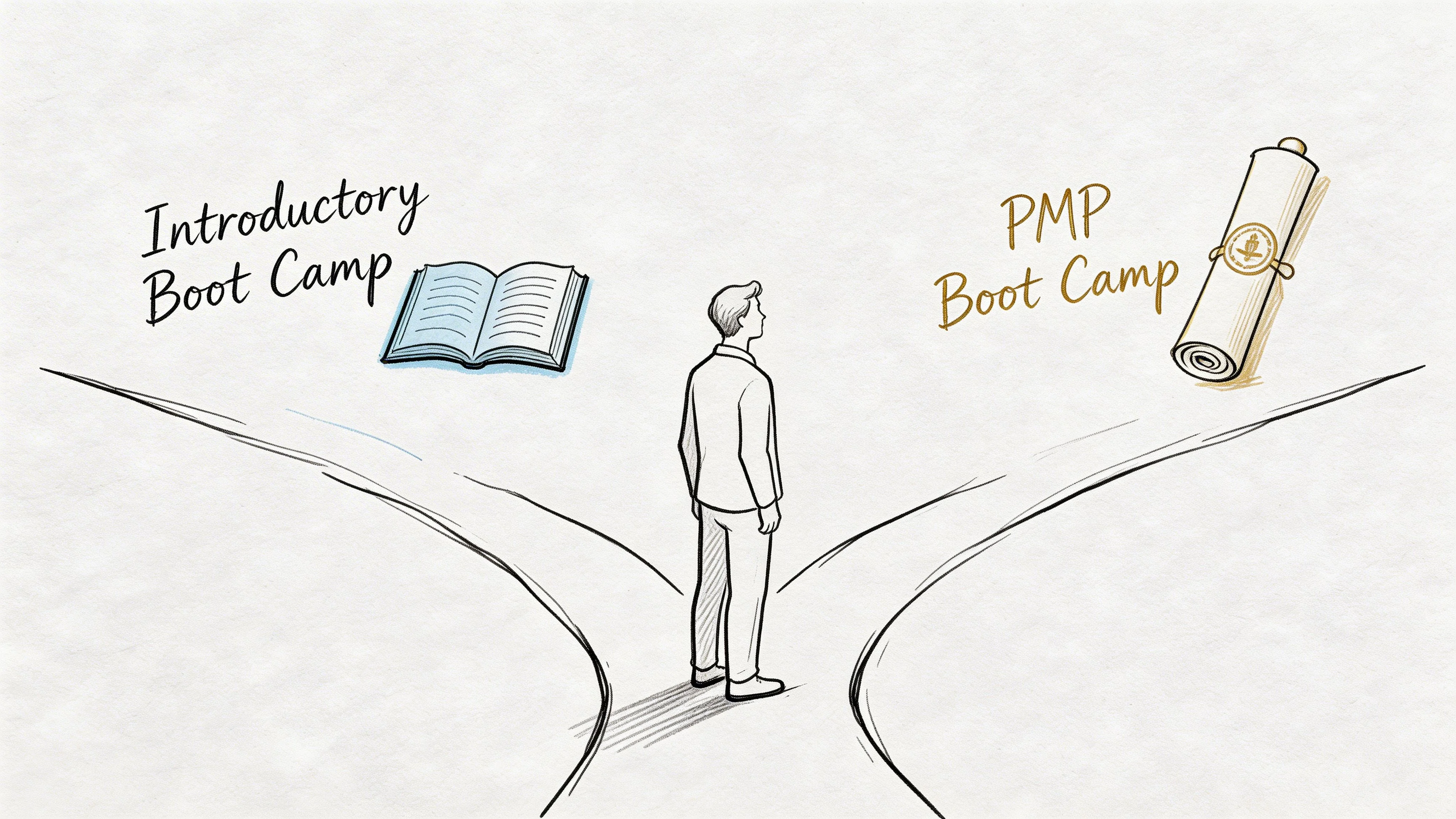 A person standing at a fork in the road choosing between an introductory and PMP boot camp.