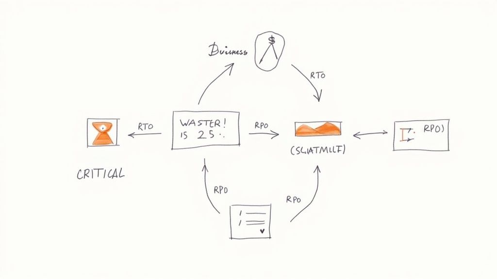 Hand-drawn diagram illustrating business continuity planning with RTO, RPO metrics, and critical elements.