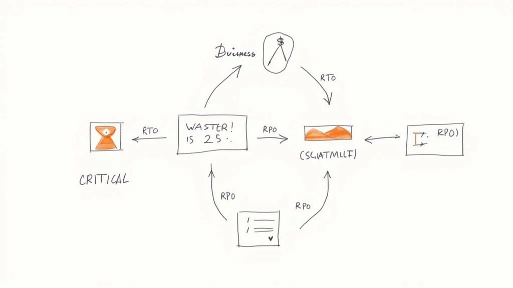 Hand-drawn diagram illustrating business continuity planning with RTO, RPO metrics, and critical elements.