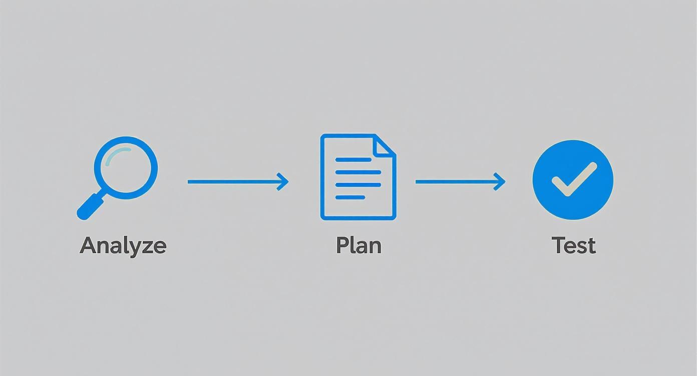 A three-step process infographic showing Analyze, Plan, and Test with corresponding icons.