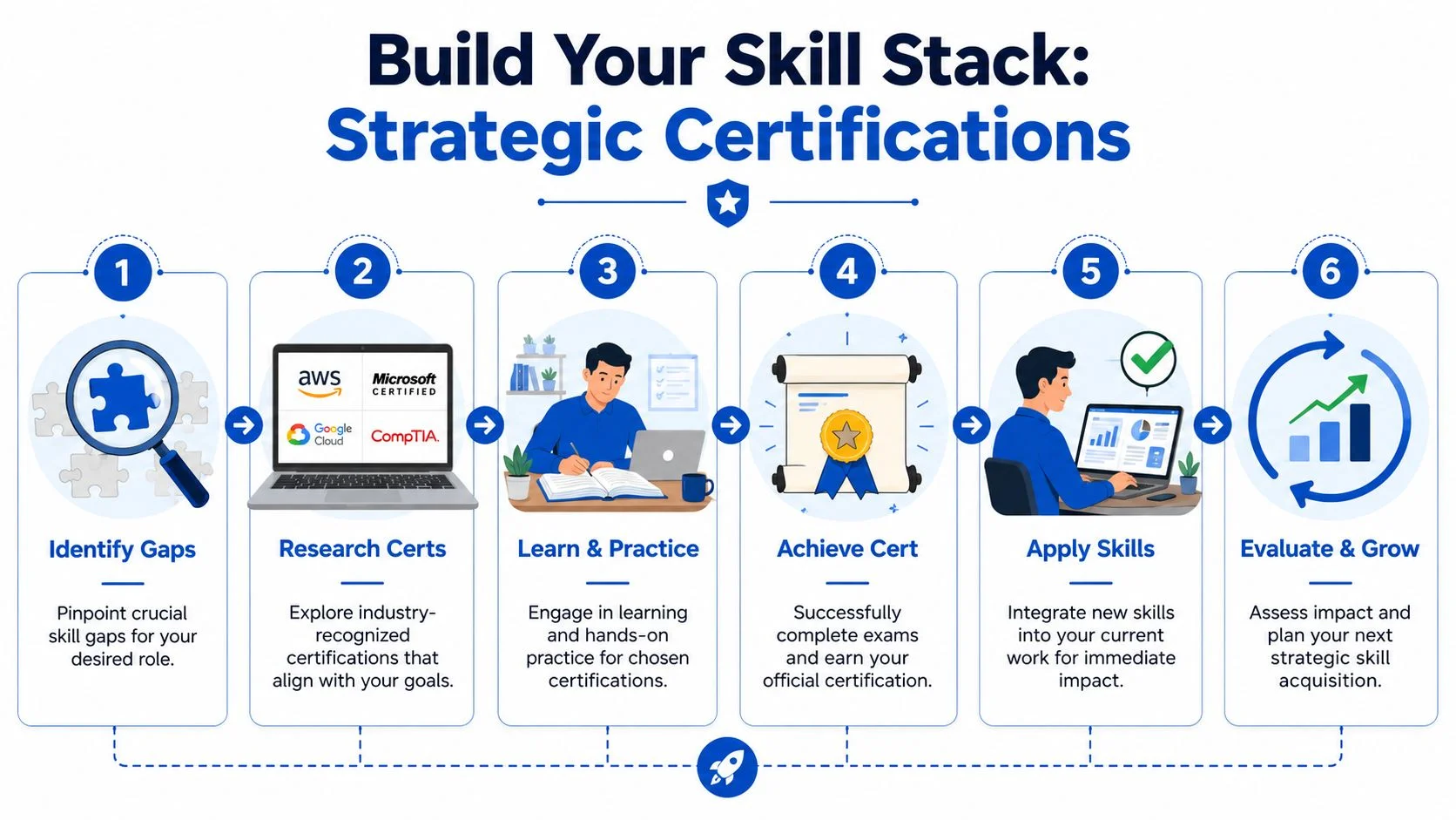 Six-step infographic on building skills with certifications.