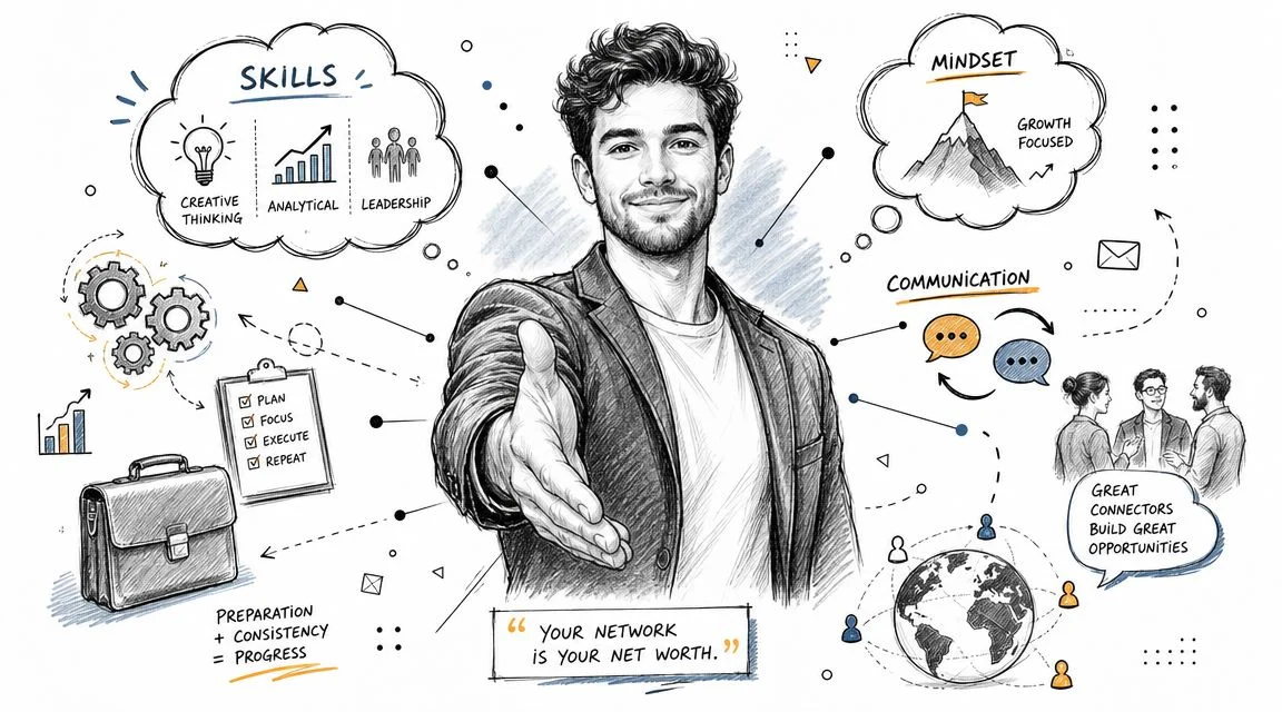 Professional man shaking hands with business growth icons.