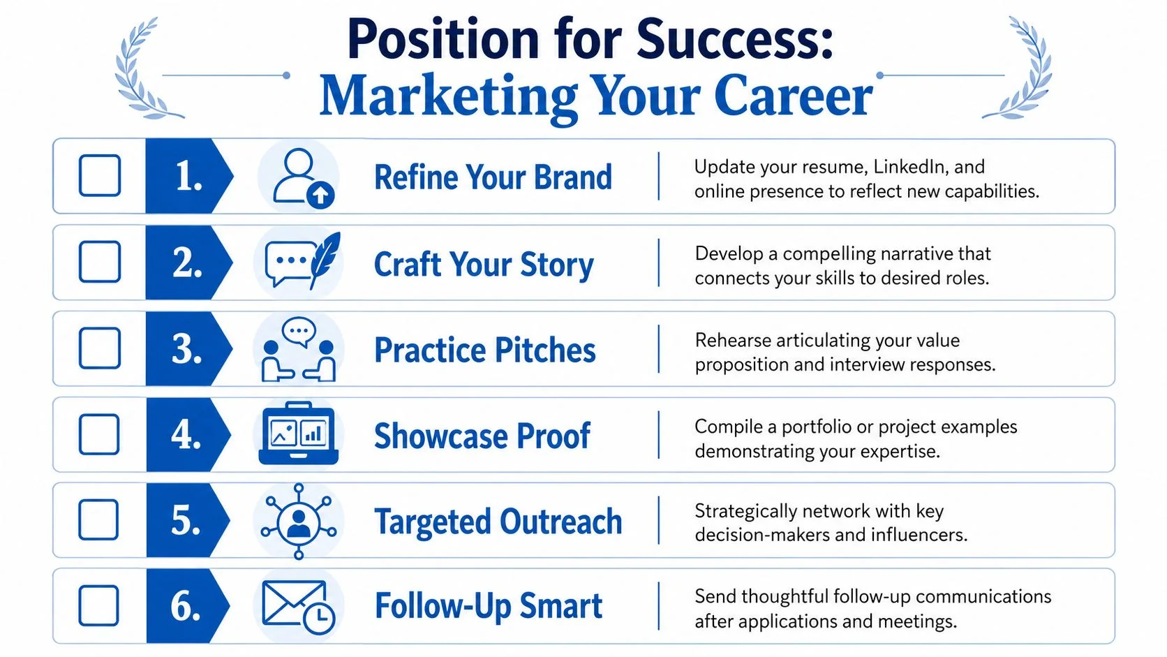 Six-step checklist titled Position for Success to guide professionals through marketing their career development.