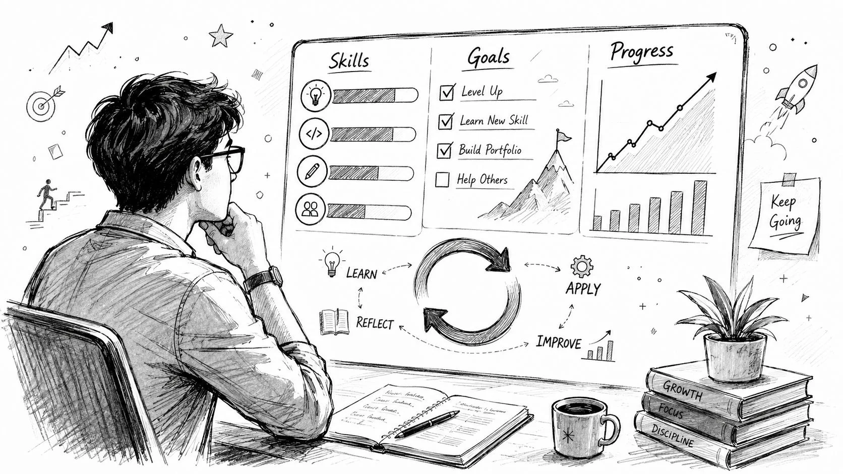 Person reviewing a whiteboard with career skills and goals.