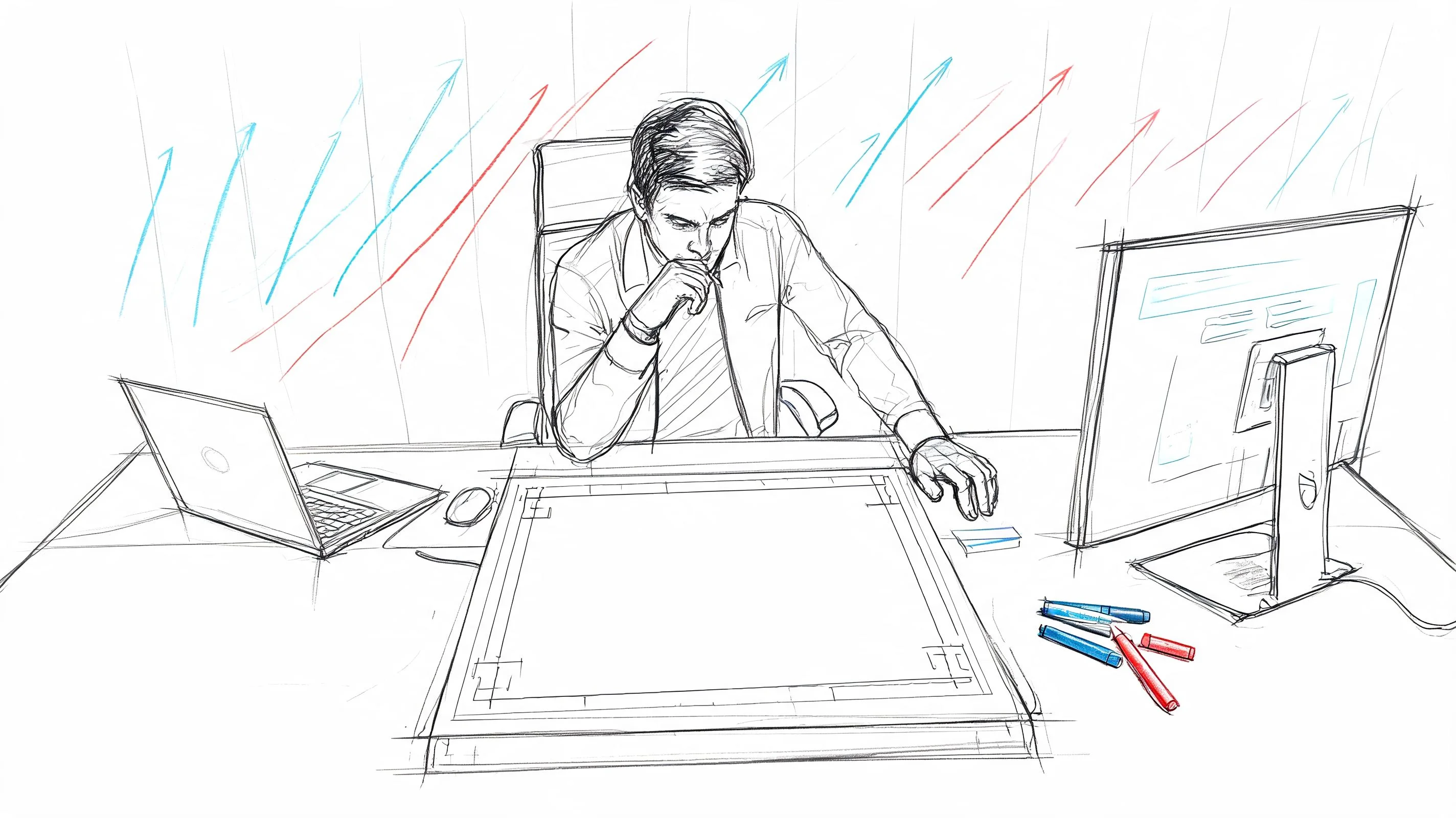 Man at desk with laptops and charts, contemplating strategy.