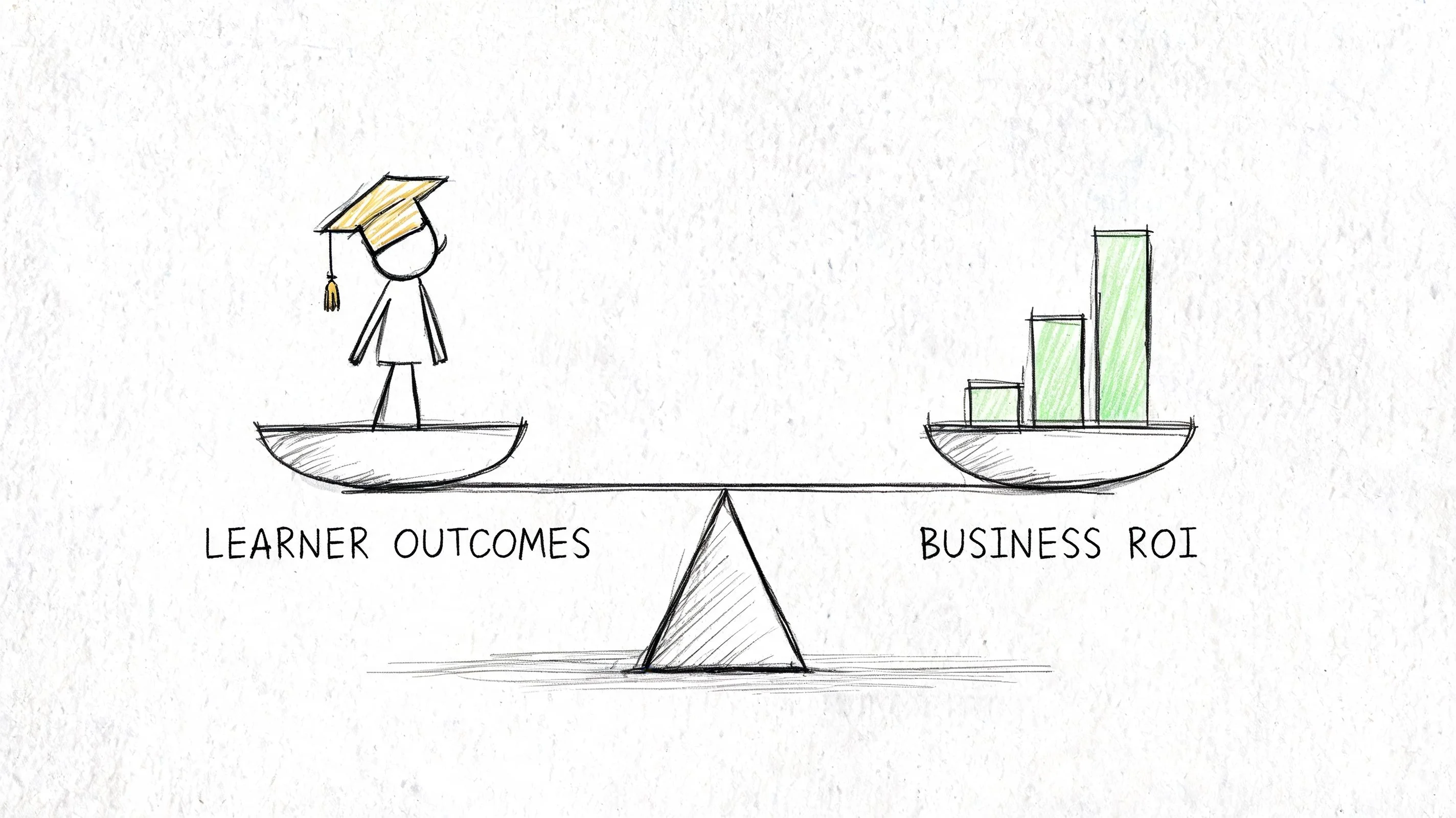 Illustration of a balance scale, weighing learner outcomes against business ROI.