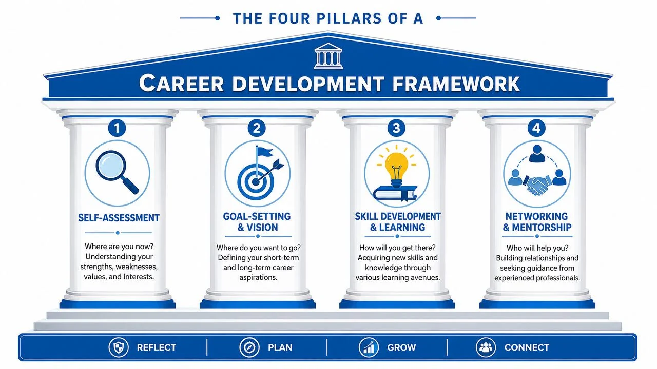 Diagram of the four pillars of a career development framework.