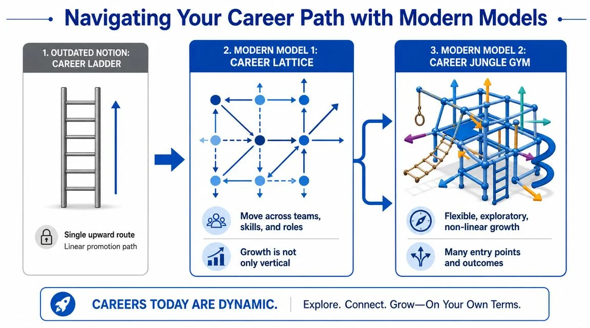 Diagram comparing career ladder, lattice, and jungle gym models.