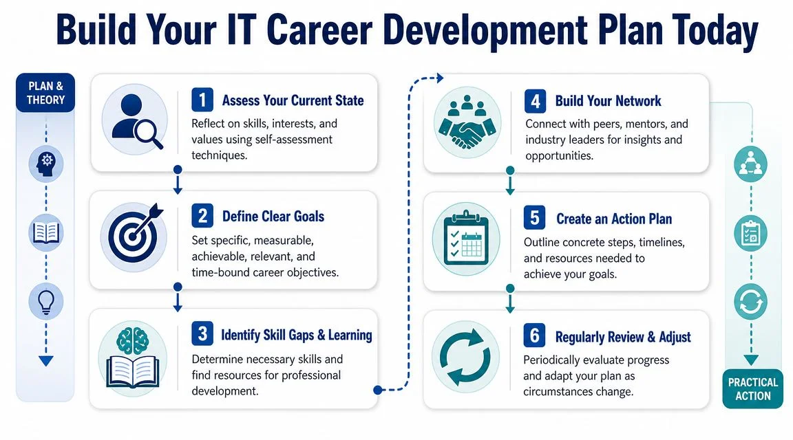 Infographic of a six-step IT career development plan.